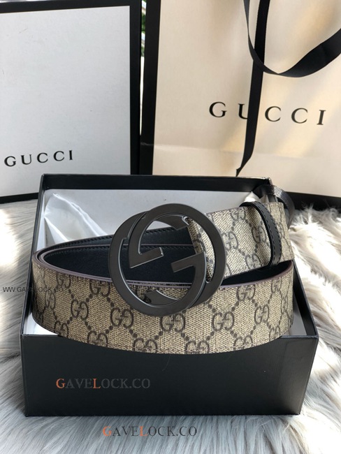 Gucci Black Leather Belt PVC Brown Monogram Black Buckle